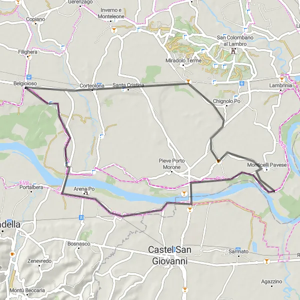 Miniatura mapy "Trasa szosowa z Belgioioso do Chignolo Po" - trasy rowerowej w Lombardia, Italy. Wygenerowane przez planer tras rowerowych Tarmacs.app