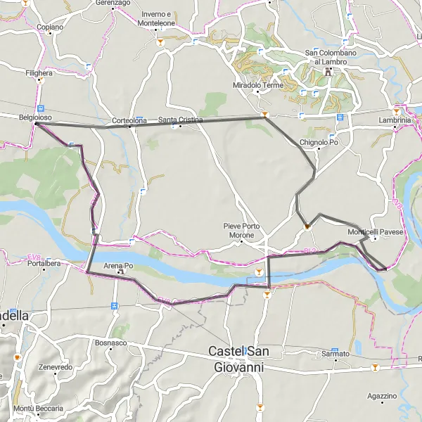 Miniatuurkaart van de fietsinspiratie "Ontdekking van Chignolo Po" in Lombardia, Italy. Gemaakt door de Tarmacs.app fietsrouteplanner