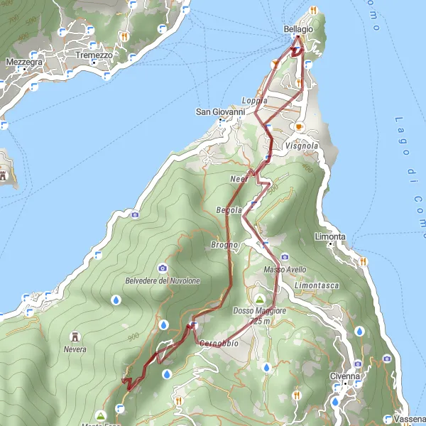 Kartminiatyr av "Kort grusvei sykling rundt Bellagio" sykkelinspirasjon i Lombardia, Italy. Generert av Tarmacs.app sykkelrutoplanlegger