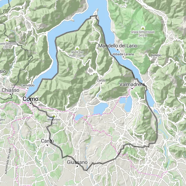 Miniaturní mapa "Cyklotrasa k Giussanu a Comu" inspirace pro cyklisty v oblasti Lombardia, Italy. Vytvořeno pomocí plánovače tras Tarmacs.app