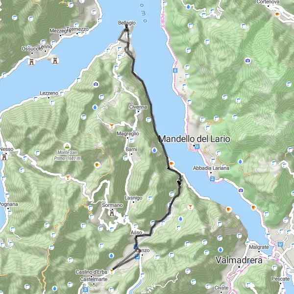 Miniature de la carte de l'inspiration cycliste "Tour Epique des Collines du Lac de Côme" dans la Lombardia, Italy. Générée par le planificateur d'itinéraire cycliste Tarmacs.app