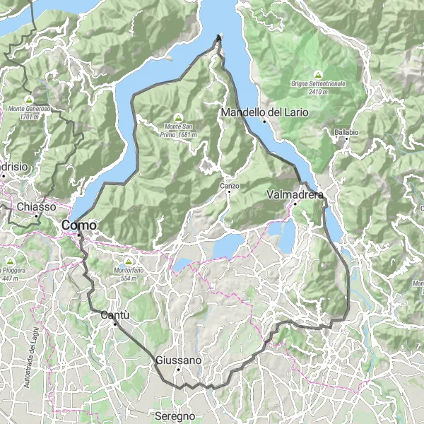 Karttaminiaatyyri "Panoraamareitti Como-järven ympäri" pyöräilyinspiraatiosta alueella Lombardia, Italy. Luotu Tarmacs.app pyöräilyreittisuunnittelijalla