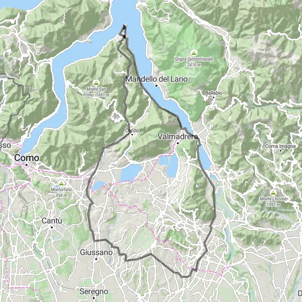 Miniature de la carte de l'inspiration cycliste "Lecco to Ponte Lambro Ride" dans la Lombardia, Italy. Générée par le planificateur d'itinéraire cycliste Tarmacs.app