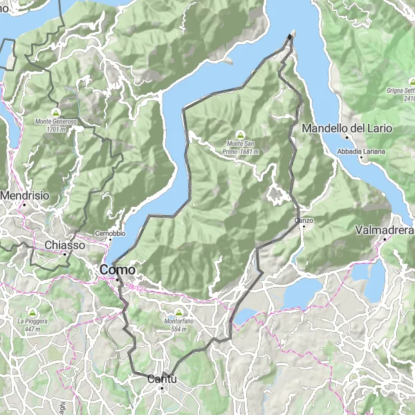 Map miniature of "Bellagio to Terrace Adventure" cycling inspiration in Lombardia, Italy. Generated by Tarmacs.app cycling route planner