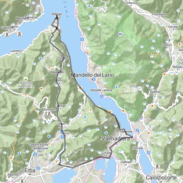 Miniatua del mapa de inspiración ciclista "Ruta de subida al Colle del Ghisallo" en Lombardia, Italy. Generado por Tarmacs.app planificador de rutas ciclistas