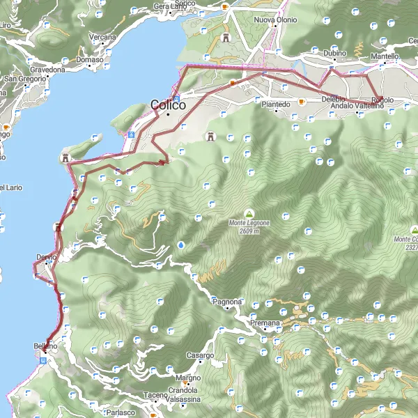Miniatua del mapa de inspiración ciclista "Ruta de ciclismo de grava con paisajes impresionantes desde Bellano" en Lombardia, Italy. Generado por Tarmacs.app planificador de rutas ciclistas