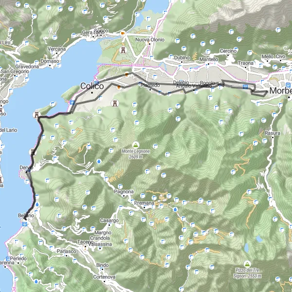 Miniatura della mappa di ispirazione al ciclismo "Giro del lago di Como circuito stradale" nella regione di Lombardia, Italy. Generata da Tarmacs.app, pianificatore di rotte ciclistiche