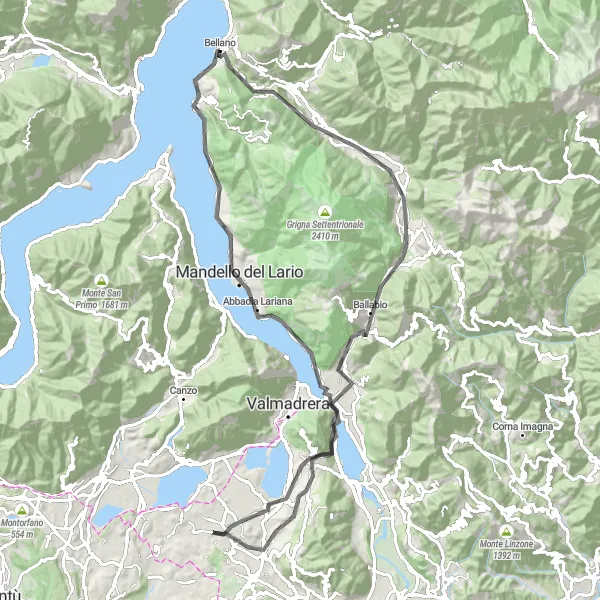 Miniaturní mapa "Cyklotrasa kolem jezera Como" inspirace pro cyklisty v oblasti Lombardia, Italy. Vytvořeno pomocí plánovače tras Tarmacs.app