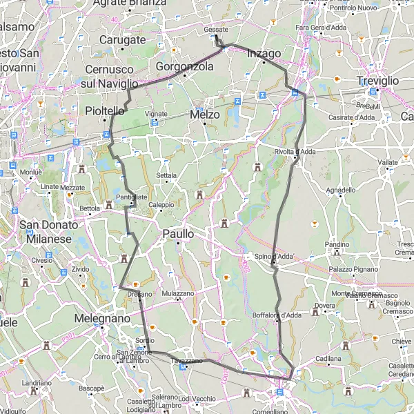Zemljevid v pomanjšavi "Kolesarska pot preko Spina d'Adda in Lodi" kolesarske inspiracije v Lombardia, Italy. Generirano z načrtovalcem kolesarskih poti Tarmacs.app