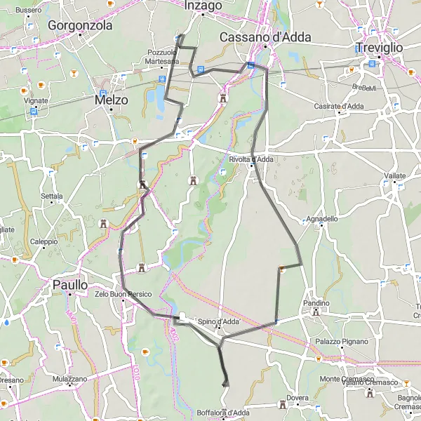 Zemljevid v pomanjšavi "Kolesarska pot po cesti okoli Bellinzaga Lombarda" kolesarske inspiracije v Lombardia, Italy. Generirano z načrtovalcem kolesarskih poti Tarmacs.app