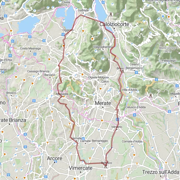Miniatura della mappa di ispirazione al ciclismo "Giro in Gravel da Bellusco a Vimercate" nella regione di Lombardia, Italy. Generata da Tarmacs.app, pianificatore di rotte ciclistiche