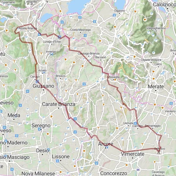 Zemljevid v pomanjšavi "74 km gravel kolesarska pot preko Vimercate in Triuggia" kolesarske inspiracije v Lombardia, Italy. Generirano z načrtovalcem kolesarskih poti Tarmacs.app