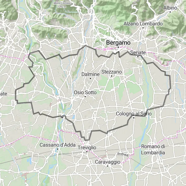 Miniatua del mapa de inspiración ciclista "Ruta en carretera a Bergamo" en Lombardia, Italy. Generado por Tarmacs.app planificador de rutas ciclistas