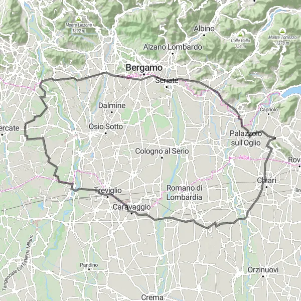 Miniatura mapy "Trasa rowerowa Monte Robbio - Calusco d'Adda - Seriate - Chiuduno - Monte Orfano - Chiari - Pumenengo - Caravaggio - Basiano - Bellusco" - trasy rowerowej w Lombardia, Italy. Wygenerowane przez planer tras rowerowych Tarmacs.app