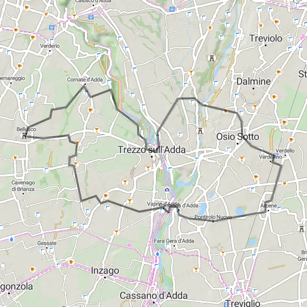Miniatuurkaart van de fietsinspiratie "Pittoresk fietstocht van 52 km naar Trezzo sull'Adda" in Lombardia, Italy. Gemaakt door de Tarmacs.app fietsrouteplanner