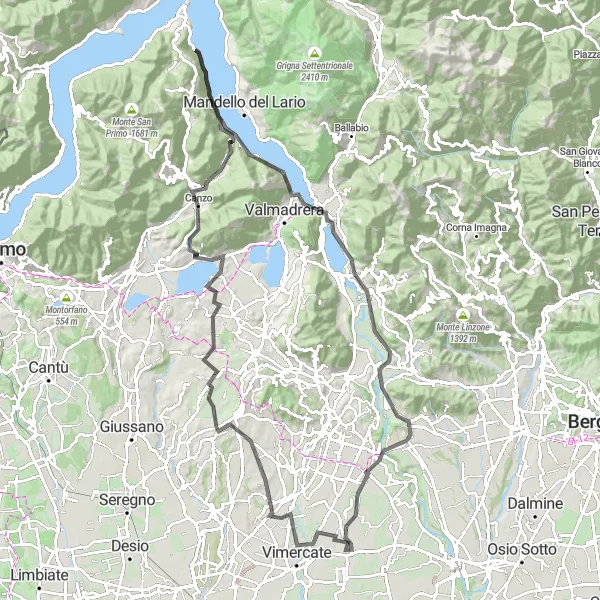 Miniatura mapy "Trasa rowerowa Vimercate - Bulciago - Monte Scioscia - Asso - Vassena - Sasso di Onno - Preguda - Lecco - Villa d'Adda - ex Monte Giglio - Sulbiate" - trasy rowerowej w Lombardia, Italy. Wygenerowane przez planer tras rowerowych Tarmacs.app