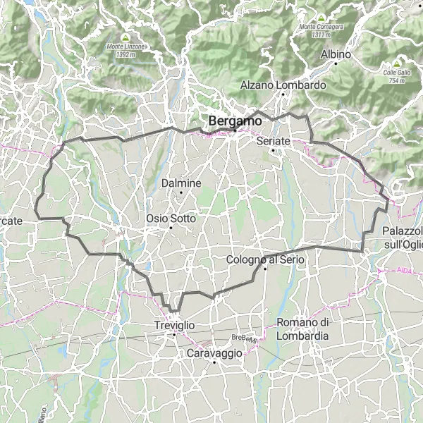 Miniatuurkaart van de fietsinspiratie "Rondrit van 100 km langs Monte Robbio en Bergamo" in Lombardia, Italy. Gemaakt door de Tarmacs.app fietsrouteplanner