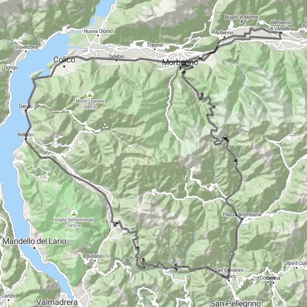 Miniature de la carte de l'inspiration cycliste "Circuit des Montagnes Bergamasques" dans la Lombardia, Italy. Générée par le planificateur d'itinéraire cycliste Tarmacs.app
