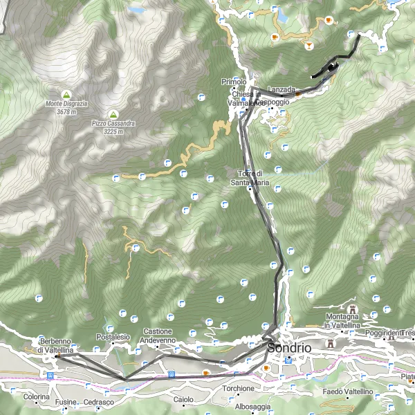 Miniature de la carte de l'inspiration cycliste "Tour de Valtellina" dans la Lombardia, Italy. Générée par le planificateur d'itinéraire cycliste Tarmacs.app