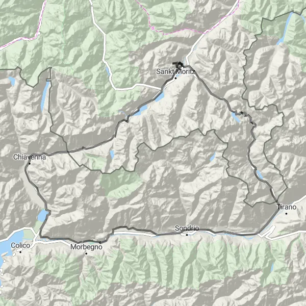 Miniatua del mapa de inspiración ciclista "Chiavenna - Berninapass Route" en Lombardia, Italy. Generado por Tarmacs.app planificador de rutas ciclistas