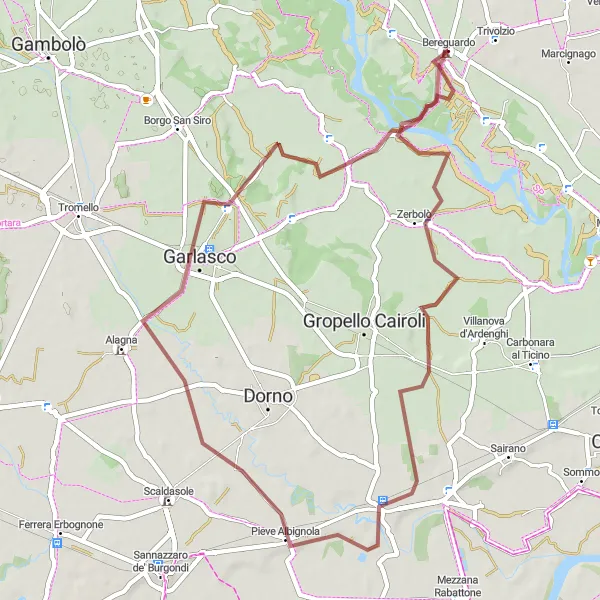 Zemljevid v pomanjšavi "Bereguardo - Garlasco Gravel Route" kolesarske inspiracije v Lombardia, Italy. Generirano z načrtovalcem kolesarskih poti Tarmacs.app