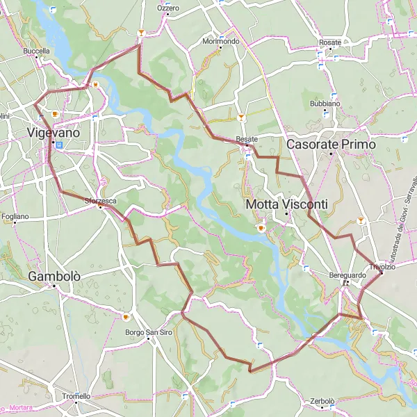 Miniatura della mappa di ispirazione al ciclismo "Circuito Gravel tra Vigevano e Trovo" nella regione di Lombardia, Italy. Generata da Tarmacs.app, pianificatore di rotte ciclistiche