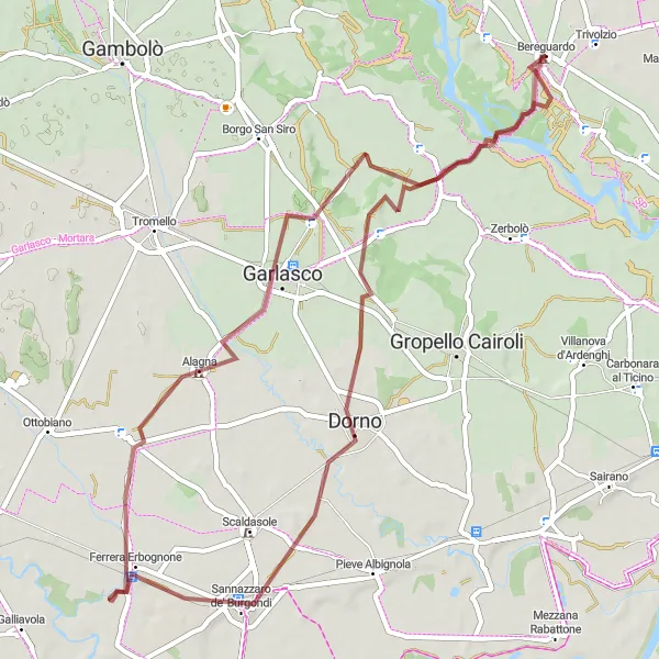 Mapa miniatúra "Gravelová trasa okolo Bereguardo" cyklistická inšpirácia v Lombardia, Italy. Vygenerované cyklistickým plánovačom trás Tarmacs.app