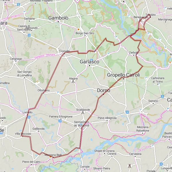 Karten-Miniaturansicht der Radinspiration "Zerbolò-Tromello-Bereguardo Schleife" in Lombardia, Italy. Erstellt vom Tarmacs.app-Routenplaner für Radtouren