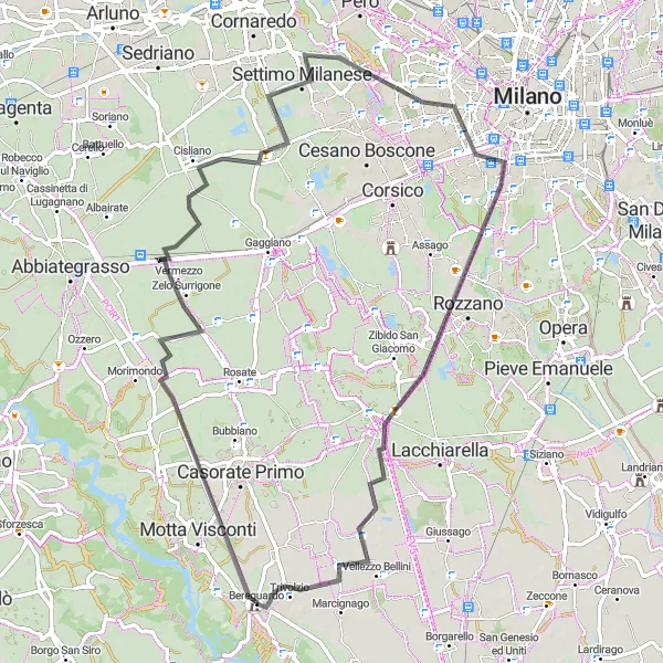 Mapa miniatúra "Cyklotúra cez Settimo Milanese" cyklistická inšpirácia v Lombardia, Italy. Vygenerované cyklistickým plánovačom trás Tarmacs.app