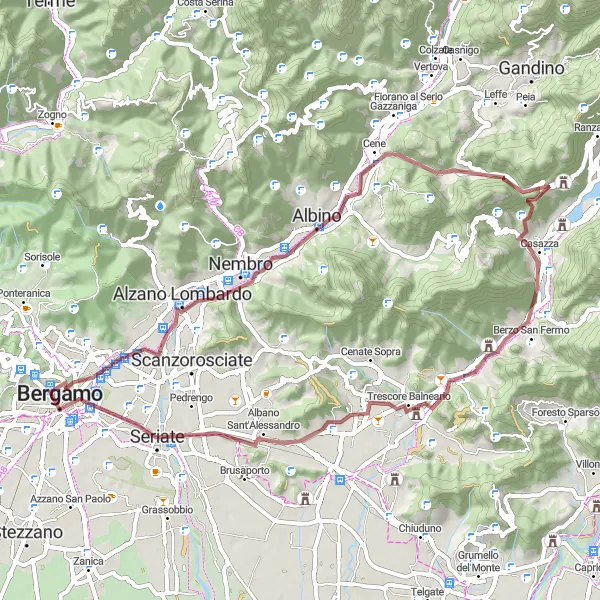 Miniatua del mapa de inspiración ciclista "Ruta de Ciclismo de Grava en Bérgamo" en Lombardia, Italy. Generado por Tarmacs.app planificador de rutas ciclistas