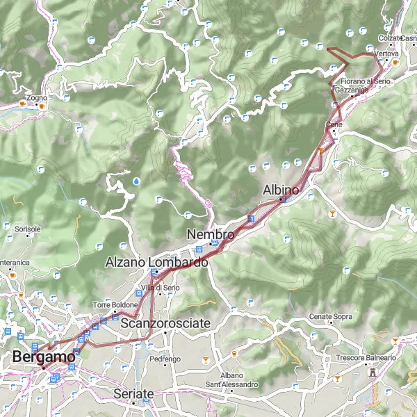 Miniatua del mapa de inspiración ciclista "Ruta de grava por Borgo Santa Caterina y Cene" en Lombardia, Italy. Generado por Tarmacs.app planificador de rutas ciclistas