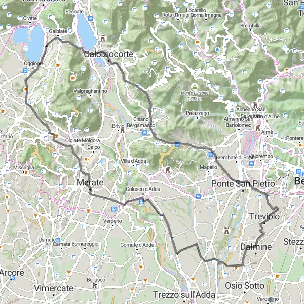 Kartminiatyr av "Utmanande cykeltur runt Bergamo" cykelinspiration i Lombardia, Italy. Genererad av Tarmacs.app cykelruttplanerare