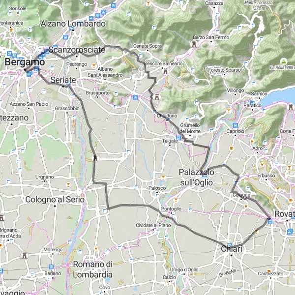 Map miniature of "Scenic Hills of Lombardy" cycling inspiration in Lombardia, Italy. Generated by Tarmacs.app cycling route planner