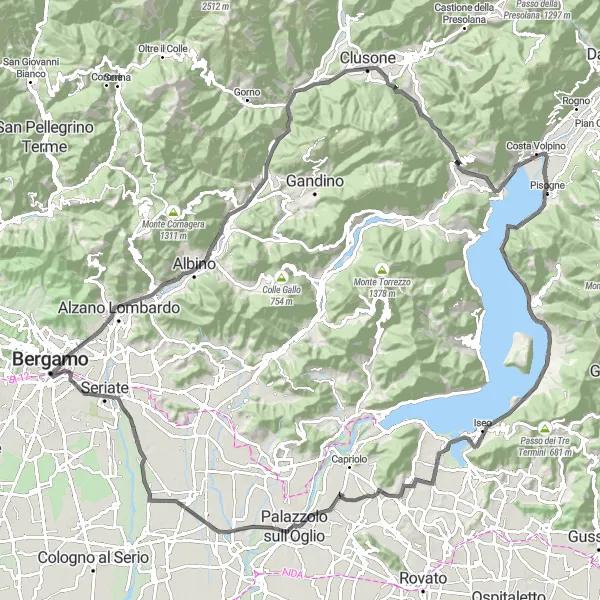 Miniatua del mapa de inspiración ciclista "Exploración de los Alpes desde Bérgamo" en Lombardia, Italy. Generado por Tarmacs.app planificador de rutas ciclistas