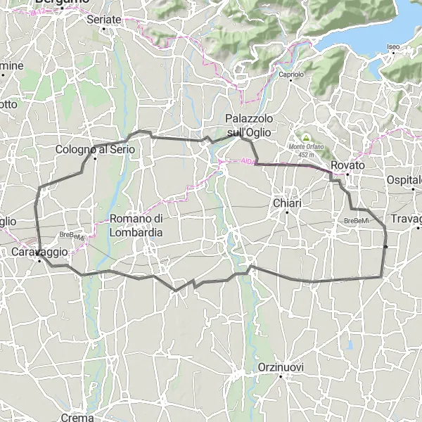 Map miniature of "Scenic Road Cycling Circuit near Berlingo" cycling inspiration in Lombardia, Italy. Generated by Tarmacs.app cycling route planner