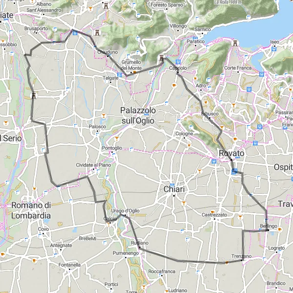 Zemljevid v pomanjšavi "Kolesarska pot Cortenuova - Berlingo" kolesarske inspiracije v Lombardia, Italy. Generirano z načrtovalcem kolesarskih poti Tarmacs.app