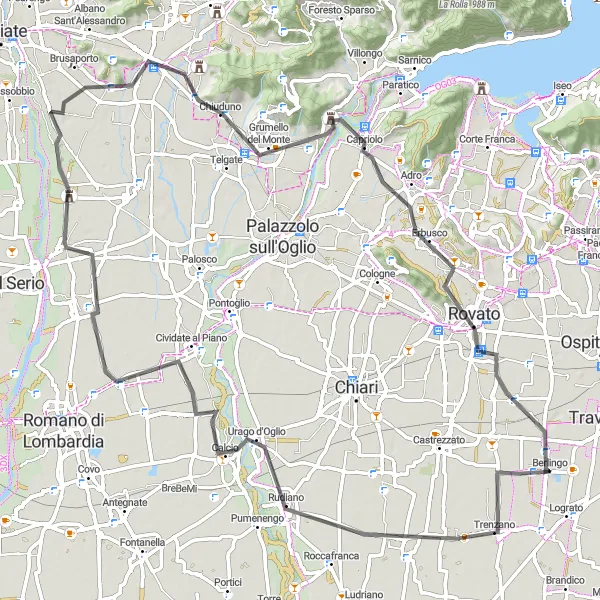 Miniatura della mappa di ispirazione al ciclismo "Scoperta cicloturistica tra Cortenuova e Berlingo" nella regione di Lombardia, Italy. Generata da Tarmacs.app, pianificatore di rotte ciclistiche