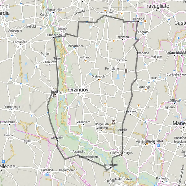 Mapa miniatúra "Trasa cez Maclodio, Villacampagna, Pumenengo a Castelcovati" cyklistická inšpirácia v Lombardia, Italy. Vygenerované cyklistickým plánovačom trás Tarmacs.app