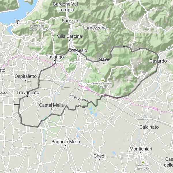 Miniatua del mapa de inspiración ciclista "Ruta Berlingo - Castegnato - Passo della Forcella - Caino - Dosso dei Morti - Monte Budellone - Mazzano - Flero" en Lombardia, Italy. Generado por Tarmacs.app planificador de rutas ciclistas