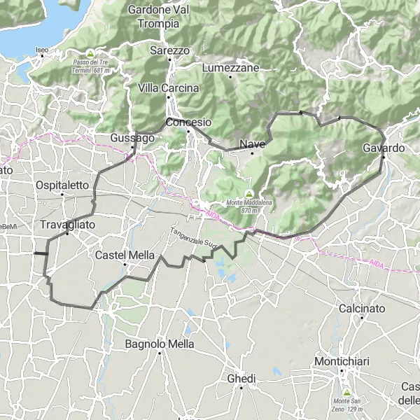 Map miniature of "Road and Scenic Gravel Cycling Route near Berlingo" cycling inspiration in Lombardia, Italy. Generated by Tarmacs.app cycling route planner