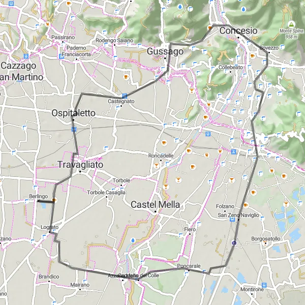 Miniatua del mapa de inspiración ciclista "Ruta desafiante a Travagliato y San Zeno Naviglio" en Lombardia, Italy. Generado por Tarmacs.app planificador de rutas ciclistas