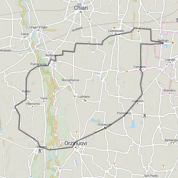 Miniatua del mapa de inspiración ciclista "Ruta por carretera a Pompiano y Castrezzato" en Lombardia, Italy. Generado por Tarmacs.app planificador de rutas ciclistas
