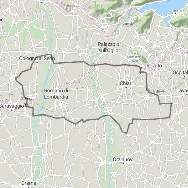 Miniatura della mappa di ispirazione al ciclismo "Giro in bicicletta da Berlingo a Maclodio e ritorno" nella regione di Lombardia, Italy. Generata da Tarmacs.app, pianificatore di rotte ciclistiche