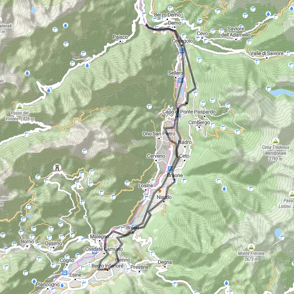Map miniature of "The Bienno Loop" cycling inspiration in Lombardia, Italy. Generated by Tarmacs.app cycling route planner