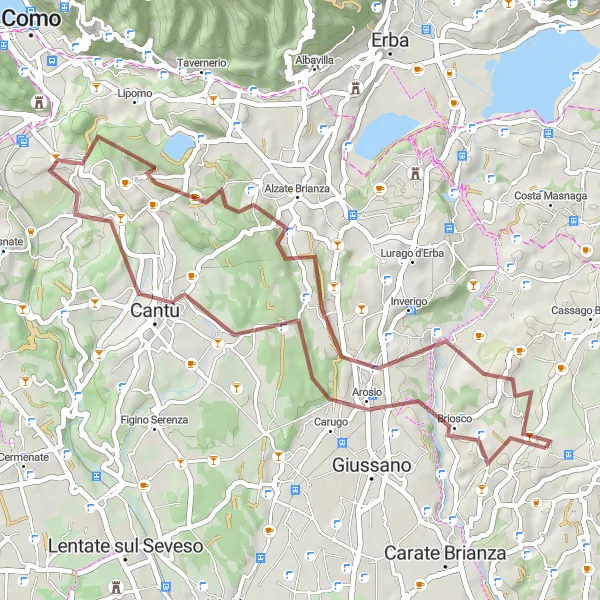 Map miniature of "Thrilling Gravel Route through Briosco and Alzate Brianza" cycling inspiration in Lombardia, Italy. Generated by Tarmacs.app cycling route planner