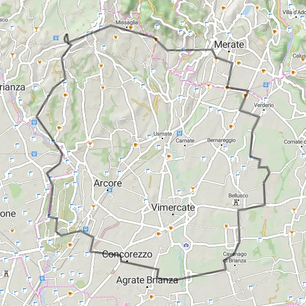 Miniature de la carte de l'inspiration cycliste "Tour autour de Besana in Brianza" dans la Lombardia, Italy. Générée par le planificateur d'itinéraire cycliste Tarmacs.app