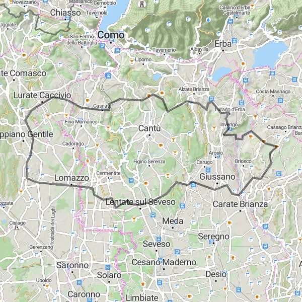 Map miniature of "Scenic Route to Giussano and Senna Comasco" cycling inspiration in Lombardia, Italy. Generated by Tarmacs.app cycling route planner