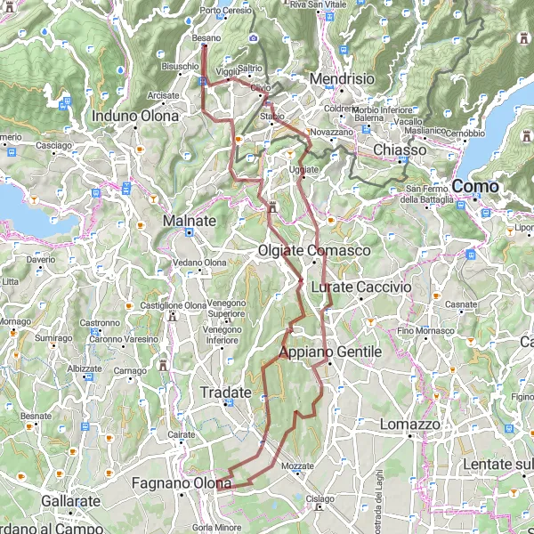 Map miniature of "Gravel Adventure in Besano" cycling inspiration in Lombardia, Italy. Generated by Tarmacs.app cycling route planner