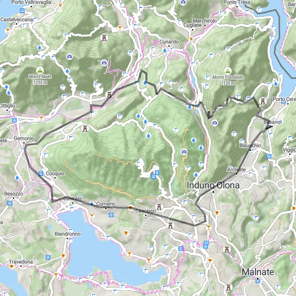 Map miniature of "Besano - Cuasso al Monte" cycling inspiration in Lombardia, Italy. Generated by Tarmacs.app cycling route planner