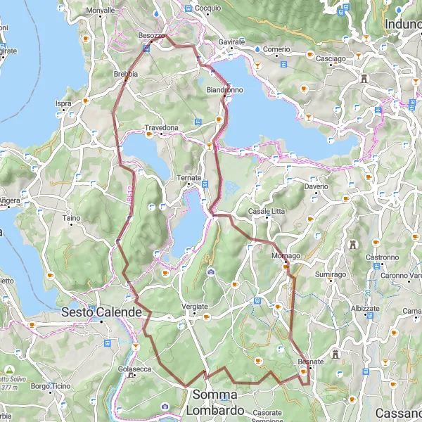 Miniature de la carte de l'inspiration cycliste "Exploration des routes de gravel autour du lac de Varèse" dans la Lombardia, Italy. Générée par le planificateur d'itinéraire cycliste Tarmacs.app